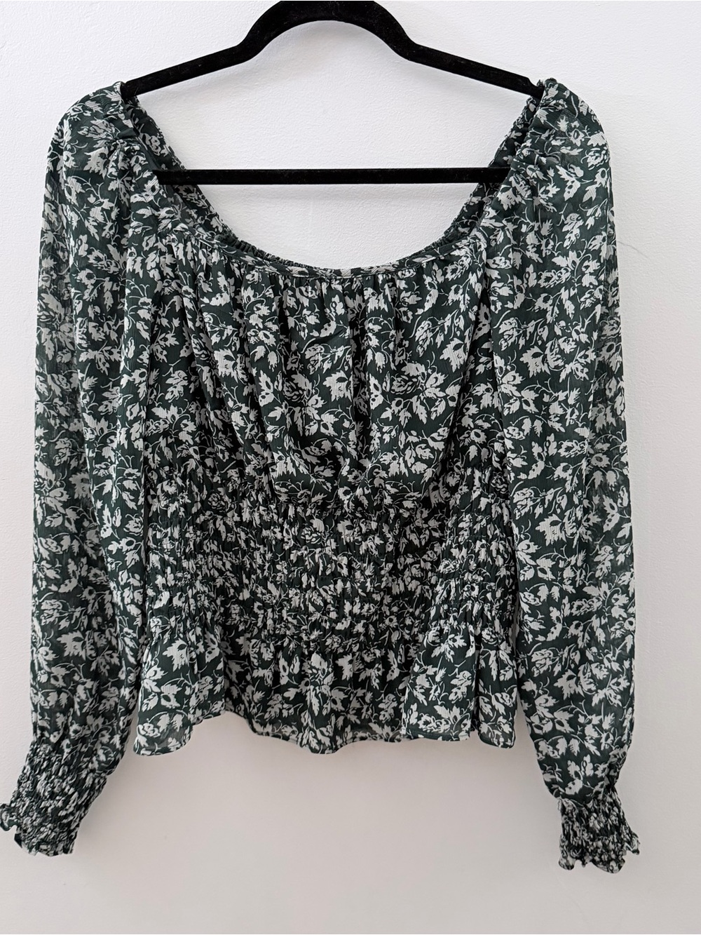 Madewell Georgette Floral Smock-Waist Long Sleeve Top Forest Green Pine Leaves